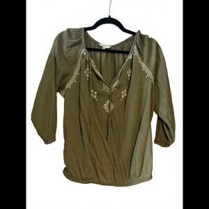 Lucky Brand Olive Green Embroidered Blouse